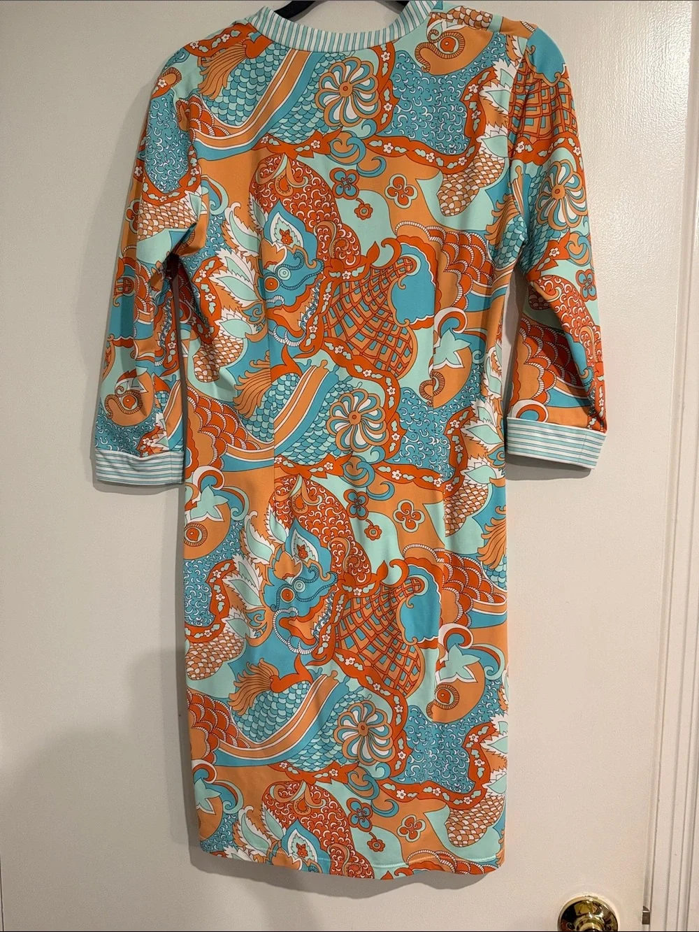 Teal & Orange Printed V-Neck Midi Dress